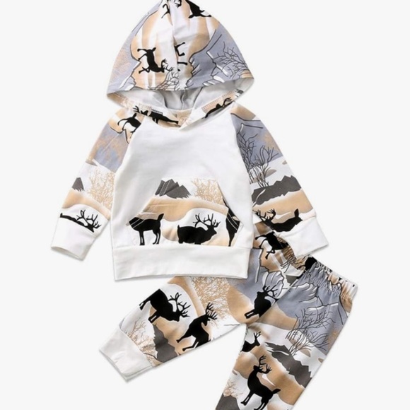 Dinosaur Deer Print Hoodie and Pants Set - Picture 1 of 2